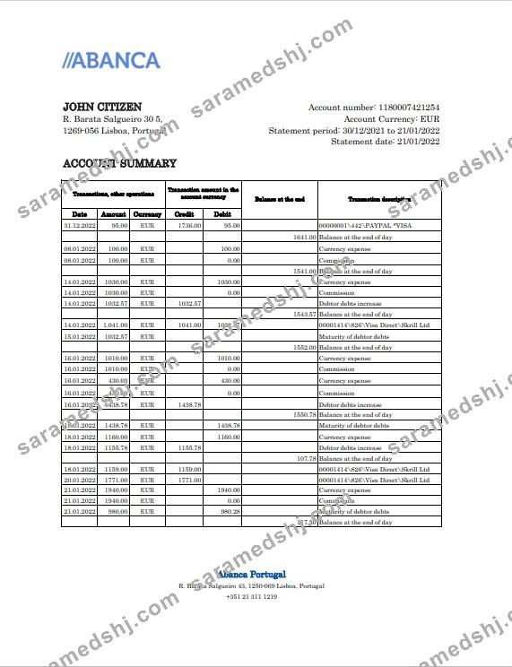Portugal Abanca bank statement Excel and PDF template